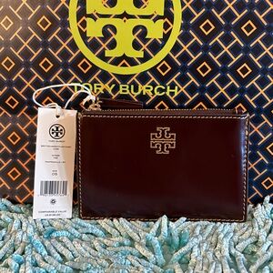 Authentic Tory Burch Britten Smooth Zip Card Case Card - Tempranillo